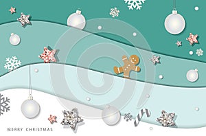 Christmas and happy new year winter background. Paper cutout layers, decorated with glitter stars, snowflakes and balls.