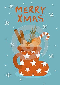 Christmas happy new year winter greeting card with decorated hot drink mulled wine mug in a shape of shoe vector illustration