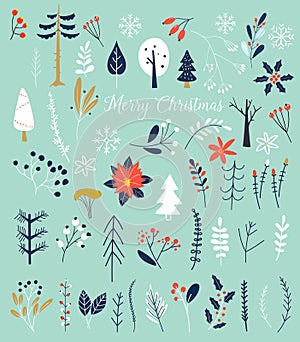 Christmas and Happy New Year. Winter plants and flowers. Hand drawn Vector illustration. Template for Scrapbooking