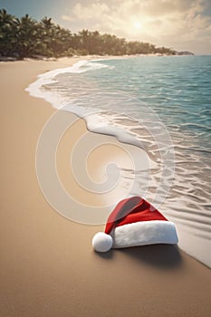 Christmas hat on the beach with a blue sky and sea in the background, xmas wallpaper