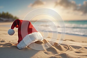 Christmas hat on the beach with a blue sky and sea in the background, xmas wallpaper