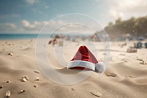 Christmas hat on the beach with a blue sky and sea in the background, xmas wallpaper