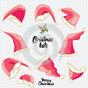 Christmas hat set. Flat vector illustration. Santa hat isolated