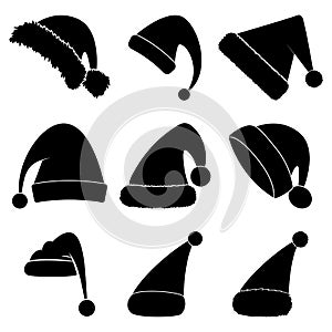 Christmas hat silhouette set. Black shape collection of santa claus hat. Santa cap icon group isolated on white background. Vector