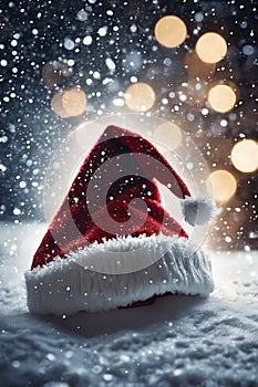 Christmas hat in the snow with snowflakes in the air, xmas background