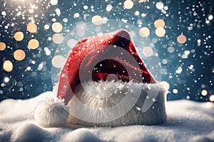 Christmas hat in the snow with snowflakes in the air, xmas background