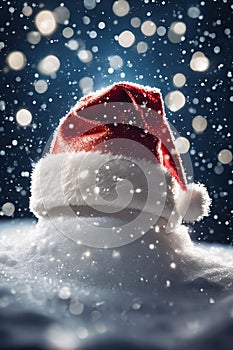 Christmas hat in the snow with snowflakes in the air, xmas background