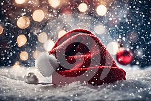 Christmas hat in the snow with snowflakes in the air, xmas background