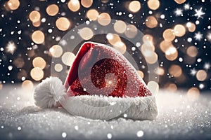 Christmas hat in the snow with snowflakes in the air, xmas background