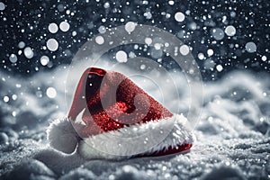 Christmas hat in the snow with snowflakes in the air, xmas background