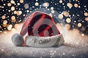 Christmas hat in the snow with snowflakes in the air, xmas background