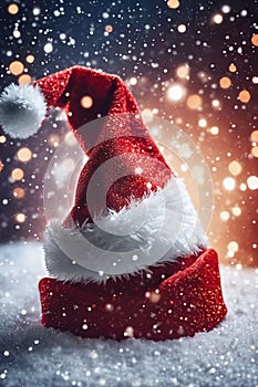 Christmas hat in the snow with snowflakes in the air, xmas background