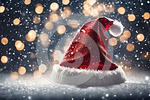 Christmas hat in the snow with snowflakes in the air, xmas background