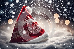 Christmas hat in the snow with snowflakes in the air, xmas background