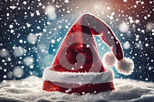 Christmas hat in the snow with snowflakes in the air, xmas background