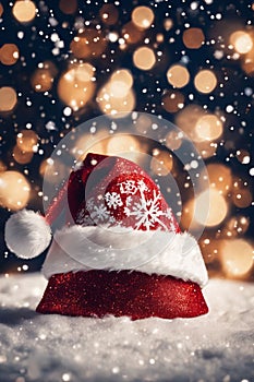 Christmas hat in the snow with snowflakes in the air, xmas background