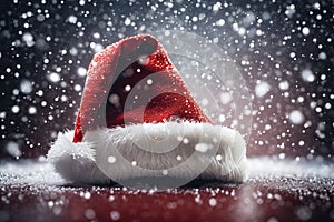 Christmas hat in the snow with snowflakes in the air, xmas background