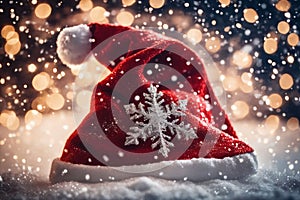 Christmas hat in the snow with snowflakes in the air, xmas background