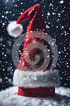 Christmas hat in the snow with snowflakes in the air, xmas background