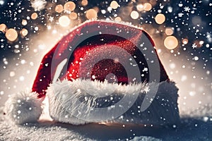 Christmas hat in the snow with snowflakes in the air, xmas background