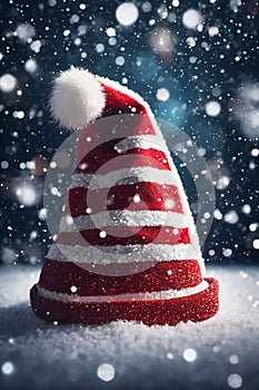 Christmas hat in the snow with snowflakes in the air, xmas background