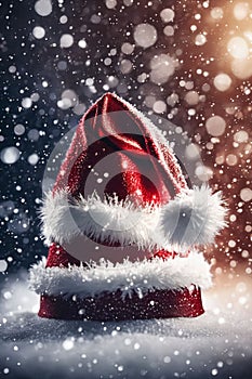 Christmas hat in the snow with snowflakes in the air, xmas background