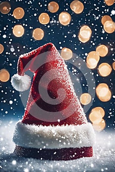 Christmas hat in the snow with snowflakes in the air, xmas background