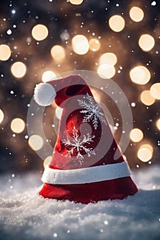 Christmas hat in the snow with snowflakes in the air, xmas background