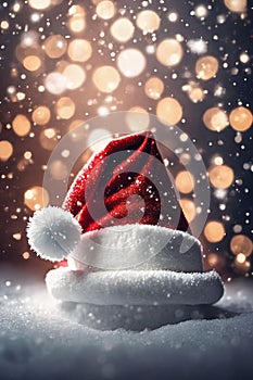 Christmas hat in the snow with snowflakes in the air, xmas background