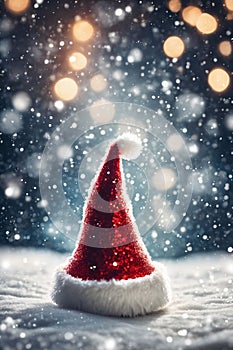 Christmas hat in the snow with snowflakes in the air, xmas background