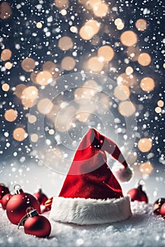 Christmas hat in the snow with snowflakes in the air, xmas background