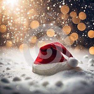 Christmas hat in the snow with snowflakes in the air, xmas background