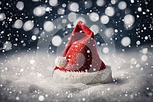 Christmas hat in the snow with snowflakes in the air, xmas background