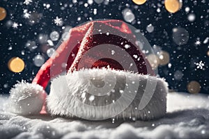 Christmas hat in the snow with snowflakes in the air, xmas background