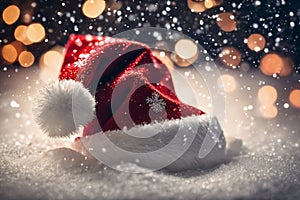 Christmas hat in the snow with snowflakes in the air, xmas background