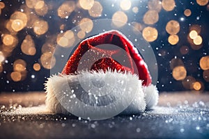 Christmas hat in the snow with snowflakes in the air, xmas background