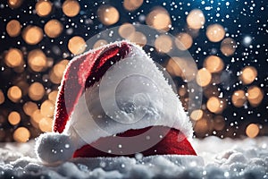 Christmas hat in the snow with snowflakes in the air, xmas background