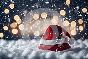 Christmas hat in the snow with snowflakes in the air, xmas background