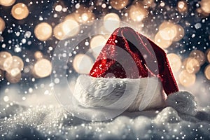 Christmas hat in the snow with snowflakes in the air, xmas background