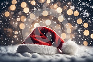 Christmas hat in the snow with snowflakes in the air, xmas background