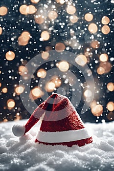 Christmas hat in the snow with snowflakes in the air, xmas background