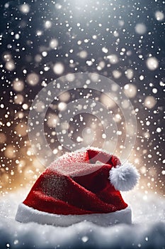 Christmas hat in the snow with snowflakes in the air, xmas background