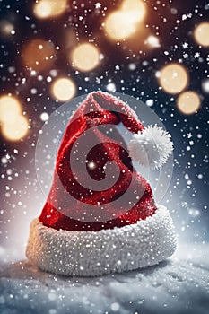 Christmas hat in the snow with snowflakes in the air, xmas background