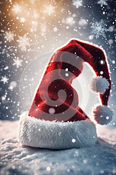 Christmas hat in the snow with snowflakes in the air, xmas background