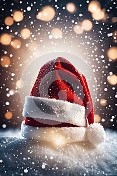 Christmas hat in the snow with snowflakes in the air, xmas background