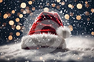 Christmas hat in the snow with snowflakes in the air, xmas background