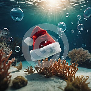 Christmas hat underwater with sea plants and fish around, xmas wallpaper