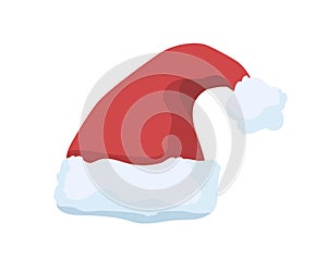 Christmas hat vector illustration. Festive Santa Claus costume element. Red plush hat with pompom on top isolated on