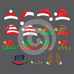 Christmas hat or Xmas different hats, Elf hats, Deer horns and snowman hats in new year holiday vector