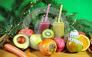 Christmas healthcare concept. Lifestyle fruits and vegetables. Keto diet food ingredient bottles smoothies acai berry measuring